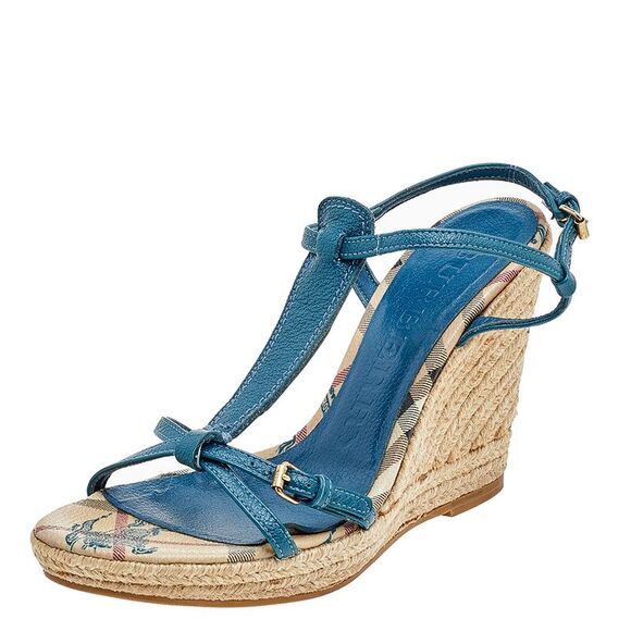 Burberry Blue Leather Strappy Espadrille Platform Wedge Sandals Size 37 - Picture 1 of 4
